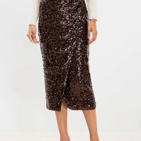 Loft Dark Brown Sequin Midi Skirt - Picture 2 of 3